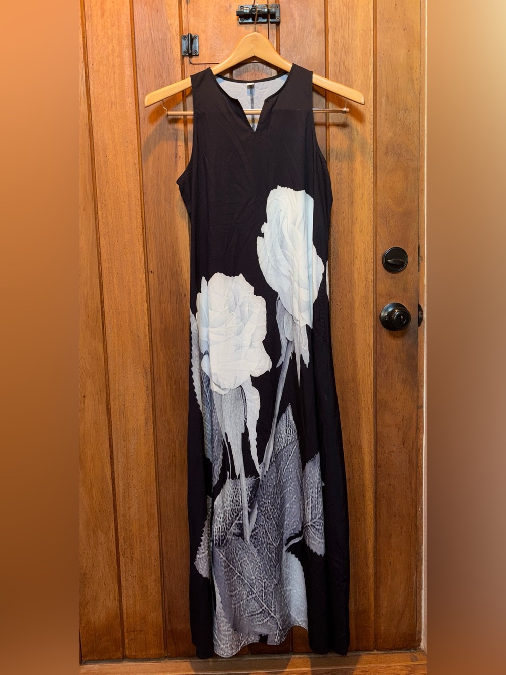 Black Maxi Dress with White Rose Print